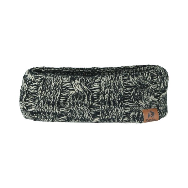 A black and white knit headband, with a faux leather tag that has the CU Buffalo logo and "Buffaloes" printed on it in script.